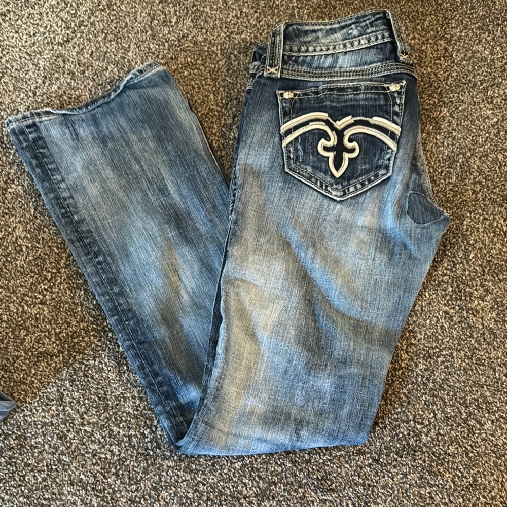 Rock Revival Blue Boot Cut Jeans with Decorative Stitching